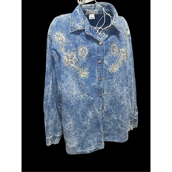VINTAGE 80S Club Kraze Top DEINM STYLE Acid Wash Bejeweled Button Up Denim Shirt - Picture 2 of 10